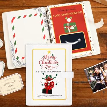 Imagem de JULEASEL Cartão de presente de Natal e livro de cupons – Lembrança de feriado de 24 páginas com capa de couro PU, envelopes e vouchers DIY – Presente de Natal exclusivo para familiares, amigos