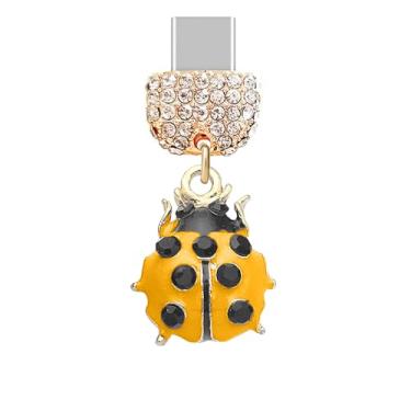 Imagem de ELISE & FONDA TP952 Tipo-C porta de carregamento cristal antipoeira pequeno pingente de telefone celular joaninha de cristal 3D para iPhone 15/16/Samsung/OnePlus/Xiaomi/oppo telefones Android (amarelo