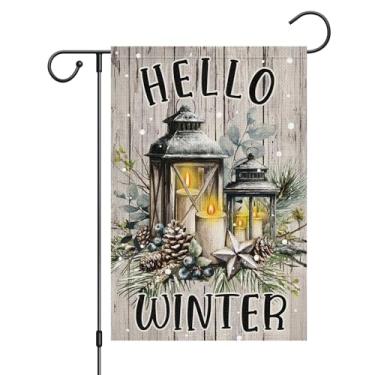 Imagem de Wodison Bandeira de jardim de inverno Hello Winter 30,5 x 45,7 cm dupla face externa, lanterna de vela, ramos, pinheiro, inverno, feriado, quintal, bandeira decorativa
