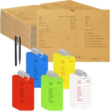 Imagem de Tenceur 100 peças de jaquetas de revendedor de veículos 22 x 30,5 cm, envelopes impressos para ofertas de veículos, 100 peças, etiquetas de chave de carro com anéis, 2 canetas para escritório, carro