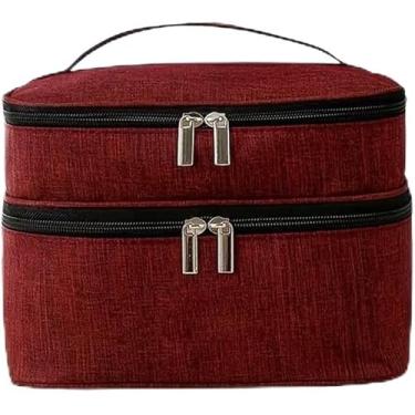 Imagem de Necessaire de Maquiagem Dois Andares Feminina – Bolsa Organizadora Viagem com Zíper Reforçado, Alça de Mão, Design Moderno e Espaço Duplo – Ideal para Cosméticos e Acessórios (Vinho)