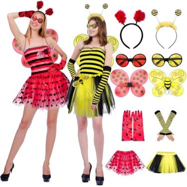 Imagem de Conjunto de 12 peças de acessórios para fantasia de abelha e joaninha para o Dia das Bruxas, inclui antena, faixa de cabeça, óculos, luvas, saia de malha, varinhas de asas para insetos, artigos de