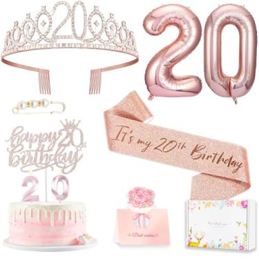 Imagem de Awfrky: Decorações de Aniversário de 20 Anos para Mulheres, Incluindo Tiara/Coroa Brilhante, Faixa de Aniversário, Topo de Bolo e Velas, Balões Numéricos, 8 Peças, Rosa