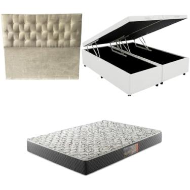 Imagem de Cama Box Baú Bipartida Blindada com Colchão de Espuma D33 20cm + Cabeceira Botonê (CORINO BRANCO, Casal Bipartido)