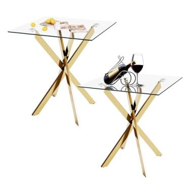 Imagem de GOLDFAN Conjunto de 2 mesas laterais, conjunto moderno de mesa de canto com tampo de vidro temperado e pernas de metal para escritório em casa (ouro)