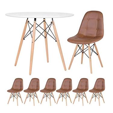 Imagem de Loft7, KIT - Mesa Eames 90 cm branco + 6 cadeiras Eames Botonê Marrom