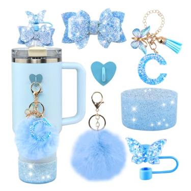 Imagem de Conjunto de 6 peças de acessórios de copo Stanley azul - tampa de cobertura de palha de borboleta, laço brilhante para canudo, bota de silicone brilhante, pingente de letra e pompom para copos satnley