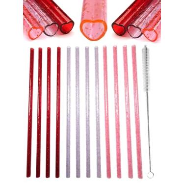 Imagem de 12 canudos reutilizáveis de plástico em forma de coração com escova de limpeza de palha | Vermelho brilhante, transparente e rosa | Para café gelado, sucos e refrigerantes | Perfeito para