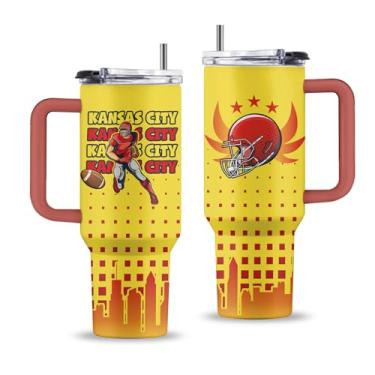 Imagem de Uibunoo Copo Chiefs Tumbler, Kansas City Tumbler com alça, canudo e tampa, copo de aço inoxidável Chiefs de 1,134 g, presentes para amantes de rúgbi, homens, meninos, presentes de aniversário Chiefs,