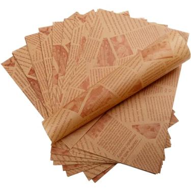 Imagem de AOKUOX 200 Folhas De Papel Manteiga Para Cestas Alimentos E Forros Pratos, 30 X 20 Cm, Estilo Jornal Antigo, Impresso, À Prova Gordura, Embrulhar Pães, Hambúrgueres, Batatas Fritas Sanduíches (Marro