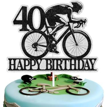 Imagem de Bike 40 Topper Bolo Preto Prata Feliz 40º Aniversário Ciclismo Decoração de Bolo Bicicleta Tema Bicicleta Quarenta Anos Para Homens Mulheres Decorações de Festa de Aniversário Suprimentos