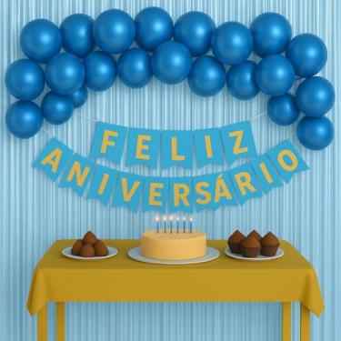 Imagem de Kit Feliz Aniversário Completo - Decoração com Balão Metalizado Número, Faixa, Cortina de Balões e Fita 5m para Festa de Aniversário Infantil e Adulto(Azul)