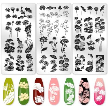 Imagem de Benikmake 3 peças flor de lótus molde de carimbo de unha Koi peixe placa de estampagem de unhas placa de imagem de aço inoxidável DIY ferramentas reutilizáveis com raspador de carimbo para salão de