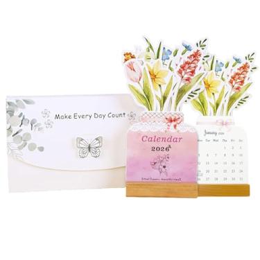 Imagem de Bloomy Flowers Calendário de mesa floral 3D 2026, calendário de flores pop-up com base de madeira, mini calendário mensal de mesa, presente de decoração de mesa estética para casa, escritório, escola