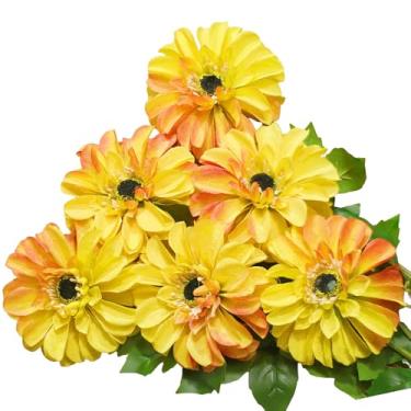 Imagem de EUEUZLT Crisântemos artificiais, flores falsas de 6 hastes para decoração de casa, flores de seda grandes semelhantes a zinnia em cores gradientes, 63 cm de comprimento para uso interno e externo