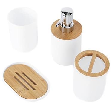 Imagem de Mingzhe Conjunto de Banheiro de Bambu de Quatro Peças Com Porta Escova de Dentes, Saboneteira, Dispensador de Loção e Copo para Enxaguatório Bucal, Fácil de Limpar e Uso Sustentável para (Branca)