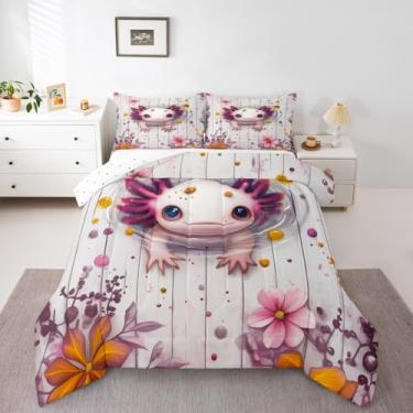 Imagem de Jogo de cama solteiro com desenho de axolotl, animais marinhos náuticos, salamandra, oceano azul, estampa de salamandra, para crianças, meninas, meninos, animais selvagens, flor, enchimento, decoração