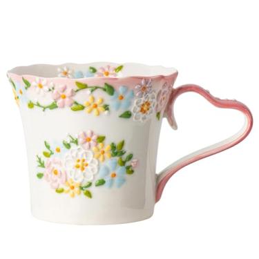Imagem de Moqidadii Caneca de café de cerâmica floral em relevo de 340 g – Copo de cerâmica Cottagecore feito à mão com design pastel vintage, seguro para lava-louças e micro-ondas, caneca de presente romântico