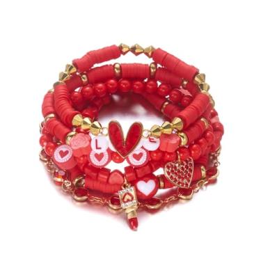 Imagem de VIRAVENTO Pulseira de Dia dos Namorados para mulheres, empilhável, elástica, contas vermelhas, conjunto de pulseiras da amizade, coração, dia dos namorados, acessórios de joias, adjustable, corda, Sem