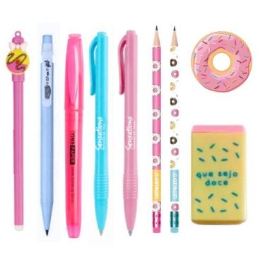 Imagem de Kit Papelaria Fofa Donuts Kawaii Lapis Borracha Apontador Caneta Fofas