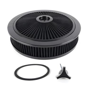 Imagem de Kit de montagem de filtro de purificador de ar redondo de 35,56 cm x 7,6 cm com tampa de alto fluxo lavável e reutilizável para tampa de caburetor de 14 cm pescoço de carburador compatível com Ford