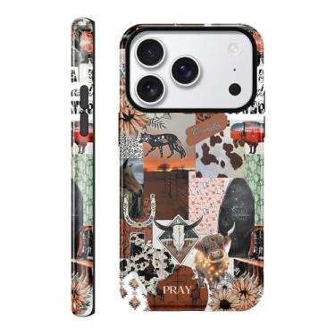 Imagem de Vulfwela Capa de telefone para iPhone 17 Pro de 16,3 cm Western Boho Collage, 2 em 1, chapéu de cowboy rosa vintage, cavalos, cabeça de touro, floral, capa de telefone country oeste, à prova de choque