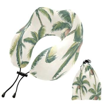 Imagem de CEBUGI Travesseiros de viagem portáteis em forma de U, travesseiro de pescoço de espuma viscoelástica com trava de corda ajustável para avião, viagem, trem, negócios, escritório, soneca (palmeira)