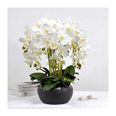 Imagem de LMJYU Presentes de flores artificiais Phalaenopsis orquídeas artificiais - 12 ramos grandes orquídeas Bonsai simulação Phalaenopsis com vaso de cerâmica Decoroutdoo