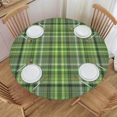 Imagem de BOXIMIAO Toalha de mesa xadrez verde claro redonda com borda elástica toalha de mesa impermeável reutilizável para férias, cozinha, festa, pátio, M (114 a 127 cm)