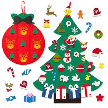 Imagem de Abakuku Árvore de Natal de feltro para crianças com 31 peças de enfeites destacáveis, decorações de Natal para pendurar na parede