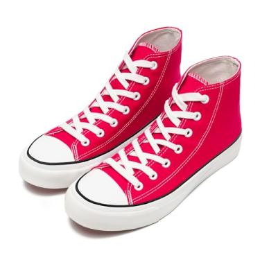 Imagem de rosyclo Tênis de lona para mulheres e homens, tênis de lona de cano alto moderno com cadarço confortável feminino clássico casual tênis caminhada, Rosa choque, 37/38 BR