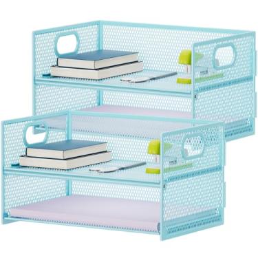 Imagem de Marbrasse Bandeja organizadora de papel de 2 camadas, organizador de arquivos de malha com alça, organizador de mesa para material de escritório doméstico - azul 2P