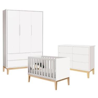 Imagem de Quarto De Bebê Classic 3 Portas E Cômoda 6 Gavetas Branco Com Pés Madeira Natural - Reller
