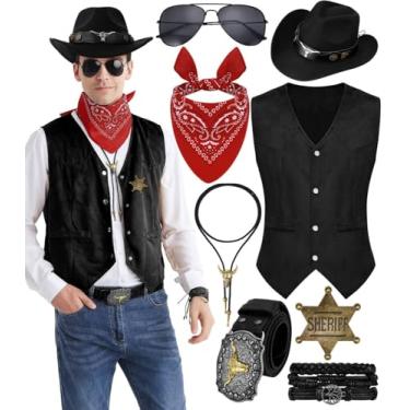 Imagem de Conjunto de fantasia masculina de caubói ocidental com colete de vaca e chapéu, acessórios retrô, festa de Halloween, cosplay, preto, 2GG