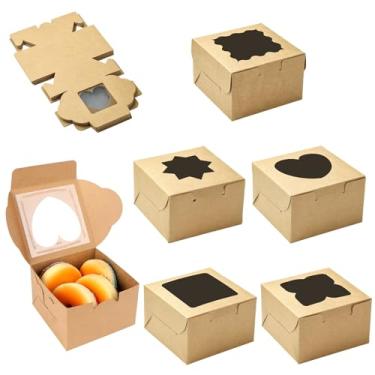 Imagem de Stiesy Caixas de doces de papel com janela transparente, 30 peças, caixa de embalagem quadrada dobrável de 5 estilos para cupcakes, doces, biscoitos, recipientes visíveis para padeiros domésticos e