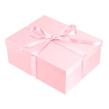 Imagem de ysmile Caixa de presente rosa com tampa para presente grande caixa de presente dobrável com fita de papel de enchimento para aniversário de aniversário 30 x 24 x 12 x 12 cm