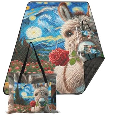 Imagem de TSENQUE Cobertor de praia grande com flores de burro de noite estrelada à prova d'água floral para acampamento de grama cobertor de piquenique dobrável fofo 203 x 152 cm