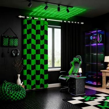 Imagem de Manfei Decoração de sala de jogos de berçário xadrez geométrico, cortinas de janela de videogame em grade de patchwork, decoração de quarto de meninos e meninas, preto e verde, 2 painéis, 132x296C cm