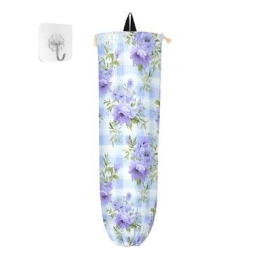 Imagem de Flores azuis e folhas verdes na parede distribuidora de sacolas de supermercado xadrez azul, suporte para sacolas de supermercado, organizador de sacolas para armazenamento de sacolas plásticas de