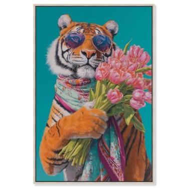 Imagem de Arte de parede glamorosa com estampa de tigre com buquê de animais de estimação por Art Remedy, moldura prateada, 25 x 38 cm