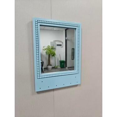 Imagem de Tirzah Espelho emoldurado de madeira com contas de 40,6 x 30,5 cm com prateleira e 6 ganchos, espelho de entrada decorativo azul com armazenamento para lavanderia, banheiro, quarto