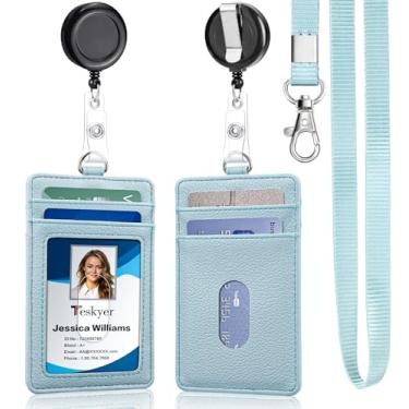Imagem de Teskyer Porta-crachá de couro PU com cordão e 1 carretel retrátil, 4 compartimentos atualizados para cartões de identificação para funcionários da escola de escritório, crachás de identificação - azul