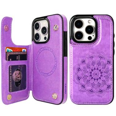 Imagem de Vaburs Capa carteira para iPhone 16 Pro compatível com carregamento sem fio MagSafe, porta-cartão, estampa mandala em relevo em RFID, flor de couro PU, botões duplos, capa à prova de choque para 6,3