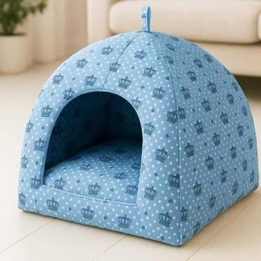 Imagem de Cama Cabana Pet 2 em 1 Impermeável Lavável para Cachorro e Gato Tenda(Azul Coroa,P)