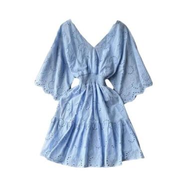 Imagem de Vestido Midi Vintage Com Bordado Em Renda Decote Em V Branco Roxo Azul