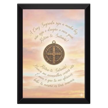 Imagem de Quadro Medalha de Sâo Bento Fundo Celestial (Moldura Preta, 15x21cm)
