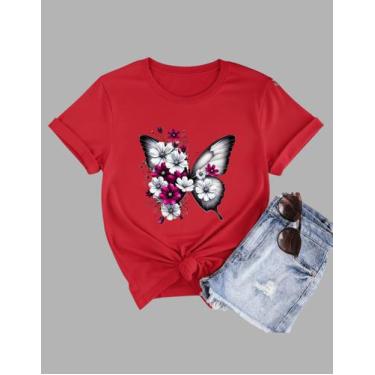 Imagem de Camiseta Tshirt Feminina Algodão Borboleta E Flores Branca - MB Sport,