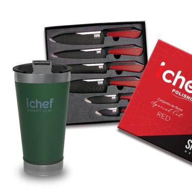 Imagem de Conjunto De 6 Facas Special Cut Vermelha E Copo Térmico Com Tampa Smart Cup 600ml Ichef | Copo Verde