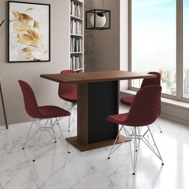 Imagem de Mesa Jantar Londres Tampo Amêndoa 120Cm Base Preta 4 Cadeiras Ferro Branco Estofado Vermelho