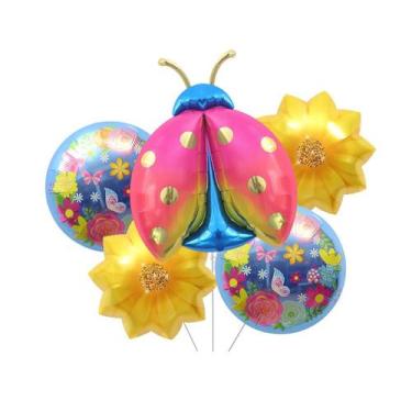 Imagem de Conjunto de balões metalizados, joaninha colorida e flor x5 - yiweisai